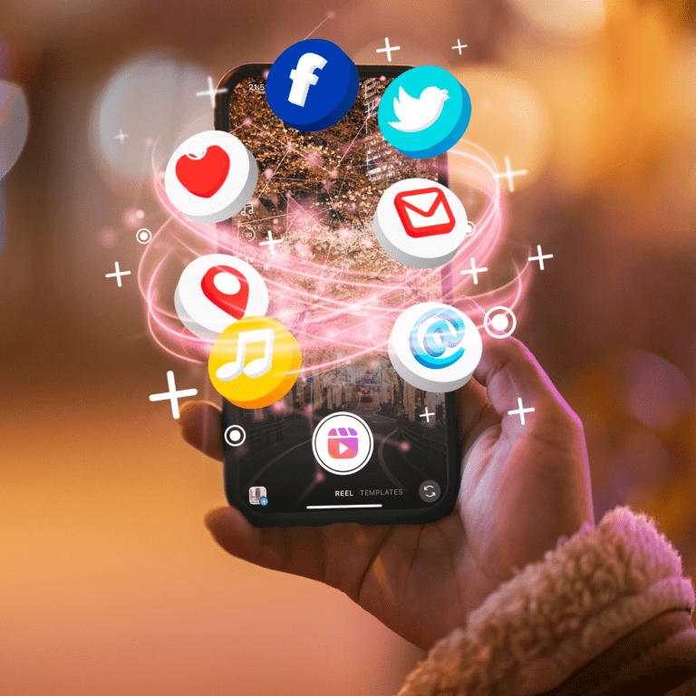 A phone showing different social media icons in a grand manner digital marketing social media